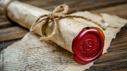 Close-up of a wax seal on tied scroll documents.

 photo