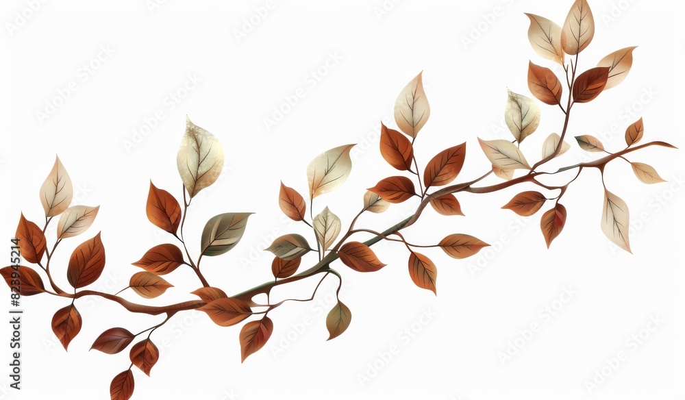 A branch with brown and green leaves stands out against a plain white background A branch with brown and green leaves stands out against a plain white background