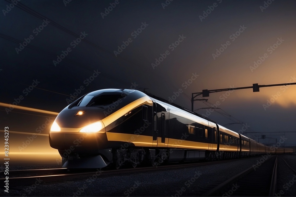 Naklejka premium a train with gold and black stripes traveling at night