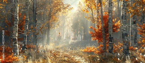 Tranquil Autumn Forest A Stunning D Rendering of Peaceful Deciduous Woodland in its Golden Fall Foliage