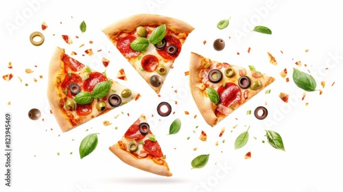 Pepperoni pizza slices soar through the air, isolated on white.