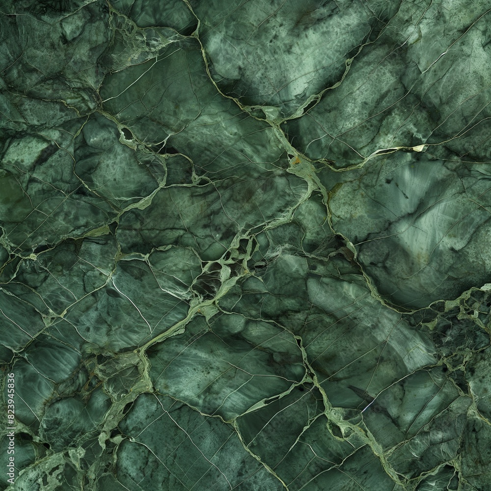 A detailed shot of rainforest green marble, with its mesh of serpentine veins creating a natural masterpiece reminiscent of dense, tropical foliage.