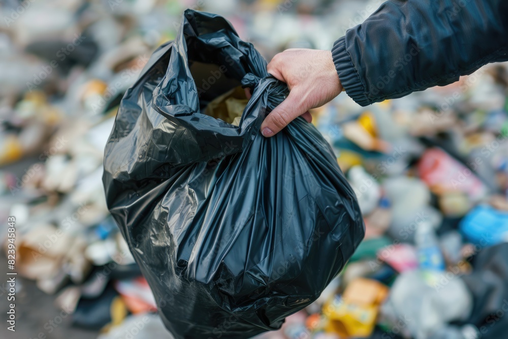 Trash And Recycling. Hand Holding Garbage Black Bag Putting in Trash Bin Trash And Recycling. Hand Holding Garbage Black Bag Putting in Trash Bin