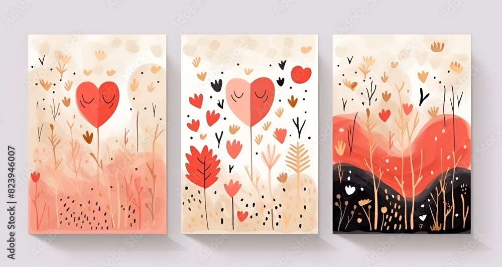 Artistic Hand-Drawn Valentine's Day Greeting Cards: A Set of Romantic Backgrounds,Set of valentines day artistic hand drawn greeting card or background, Charming Hand-Drawn Greeting Card Collection
