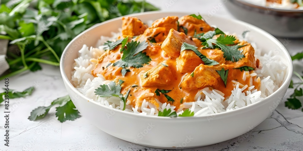 Chicken tikka masala rice served in a white bowl against a simple backdrop. Concept Food Photography, Indian Cuisine, Rustic Setup, Gourmet Presentation Chicken tikka masala rice served in a white bowl against a simple backdrop. Concept Food Photography, Indian Cuisine, Rustic Setup, Gourmet Presentation