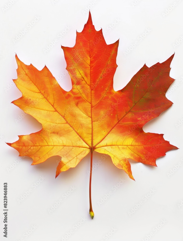 Fototapeta premium A single maple leaf with red and yellow colors on a plain white background