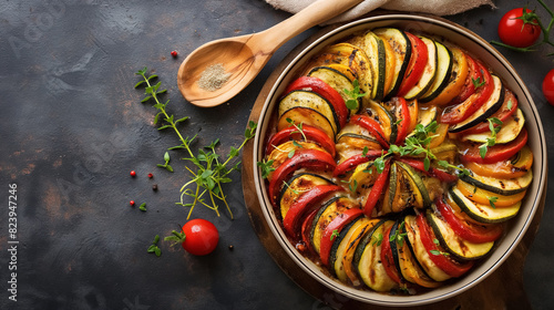 Top view of colorful ratatouille with zucchini, eggplant and tomatoes in a round dish on a dark background. 
