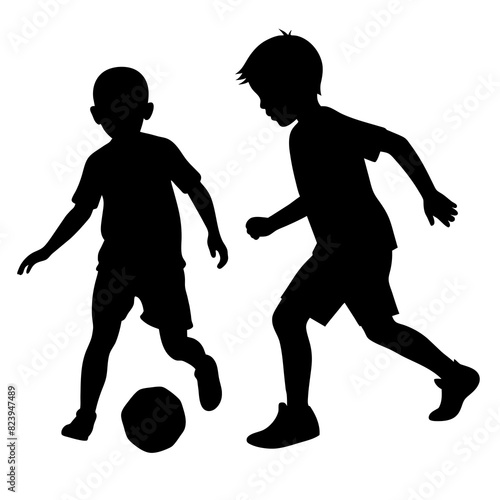 Vector silhouette of siblings are playing with a soccer ball on white background