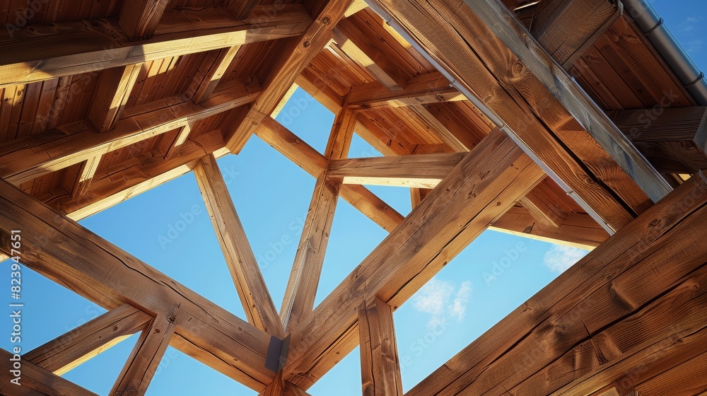 Real estate industry, Image detail of a timber frame house, blue sky in the background, copy and text space, 16:9