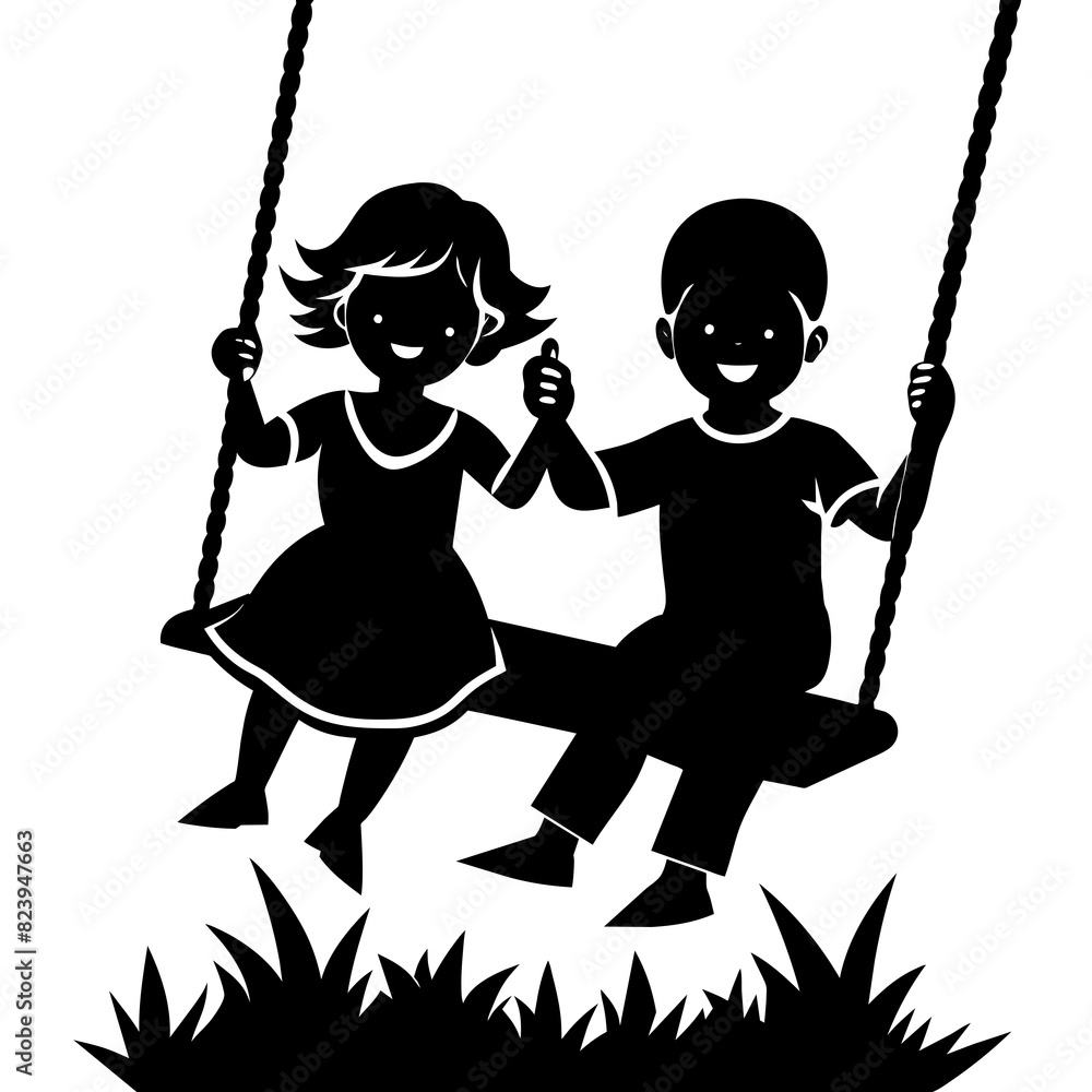 Vector silhouette of two cute siblings swinging on a field Vector silhouette of two cute siblings swinging on a field