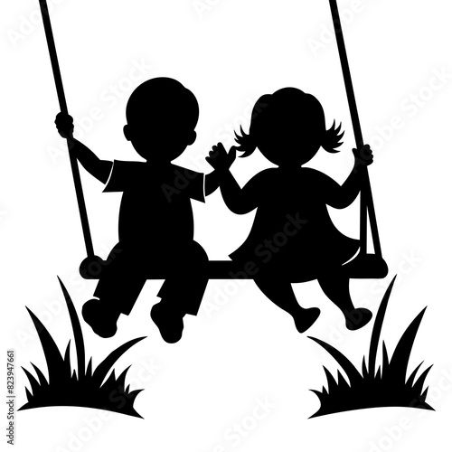 Vector silhouette of two cute siblings swinging on a field