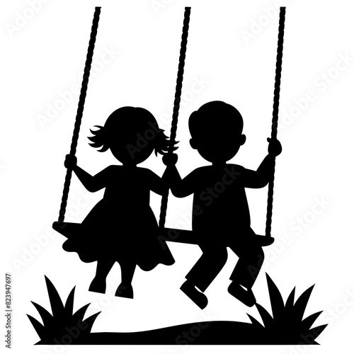 Vector silhouette of two cute siblings swinging on a field