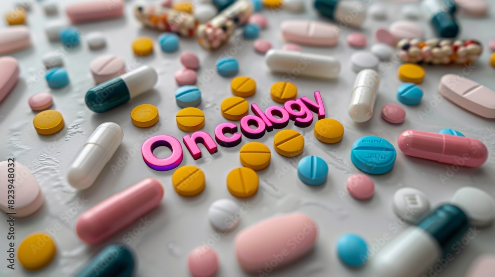 word Oncology, various small tablets on the white table, gray background, 16:9 word Oncology, various small tablets on the white table, gray background, 16:9