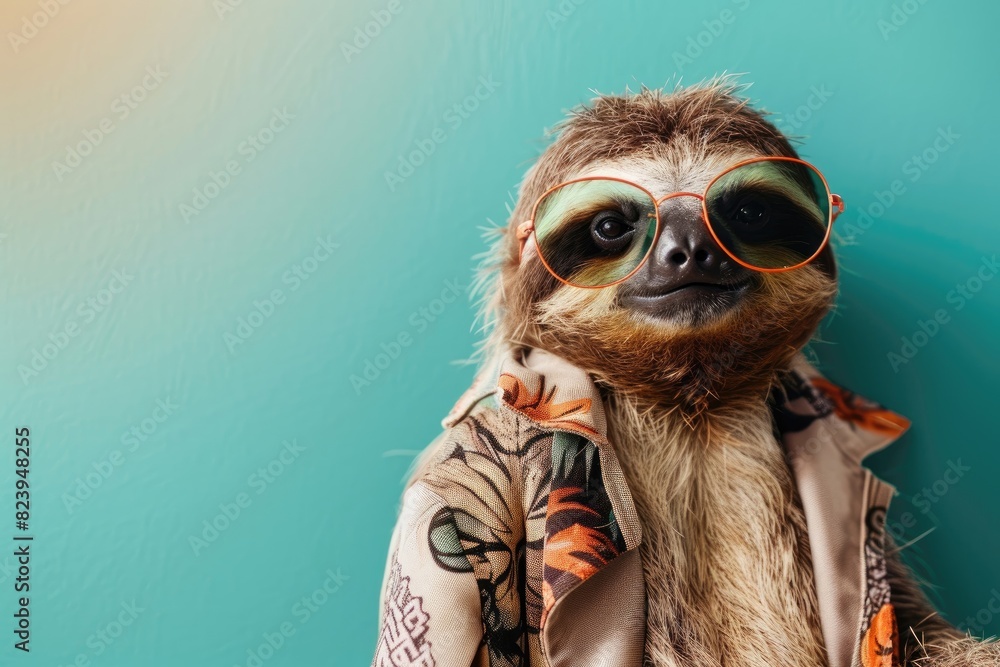 Fototapeta premium A stylish sloth wearing retro sunglasses and a vintage outfit, leaning casually against an invisible wall, isolated on a solid teal background.