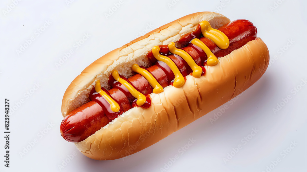 Close-Up of Hot Dog with Ketchup and Mustard on White Background Close-Up of Hot Dog with Ketchup and Mustard on White Background