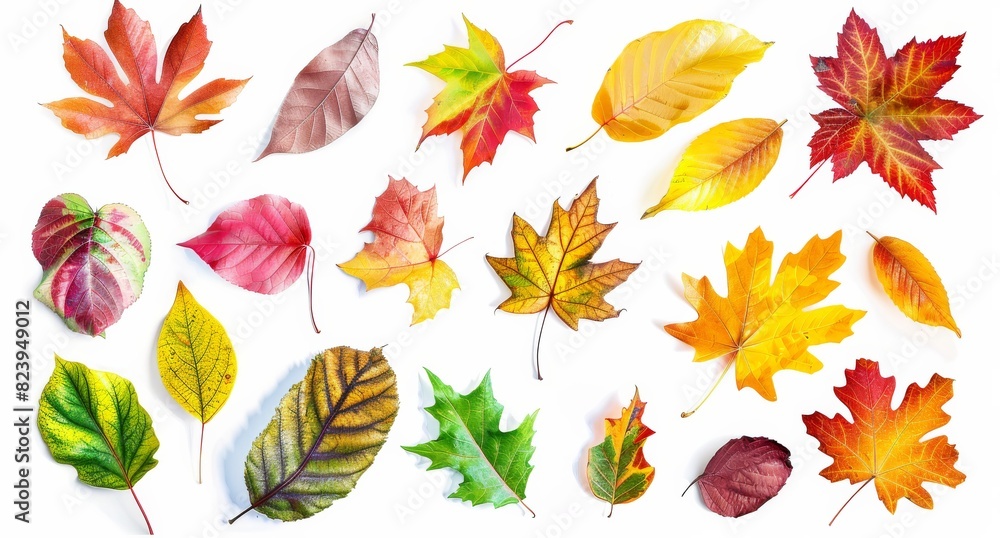 Collection of vibrant autumn leaves in various colors placed on a white surface Collection of vibrant autumn leaves in various colors placed on a white surface