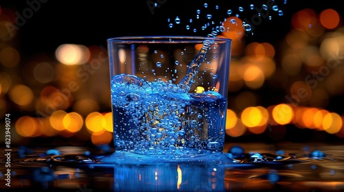  A clear close-up of a glass of water on a table with a blurred background of bokeh lights