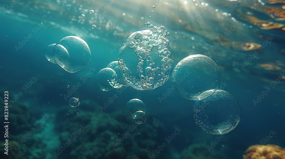 A cluster of air pockets buoyed atop a H2O expanse near a coral encrusted with flora and fauna A cluster of air pockets buoyed atop a H2O expanse near a coral encrusted with flora and fauna
