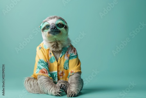 A fashionable sloth in a retro dress and round glasses, sitting cross-legged and looking stylishly nonchalant, isolated on a solid mint green background.