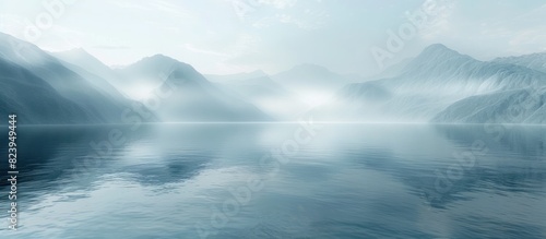 Misty Mountain Lake A Tranquil D Rendered Landscape bathed in Ethereal Light and Muted Hues © Sittichok