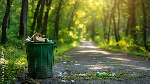 Limpeza Verde: Cesto de Lixo ao Longo da Estrada Florestal photo