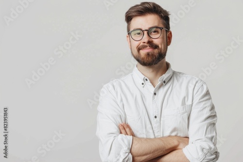Young Professional White Man. Client Model Wearing Glasses Posing Confidently with Arms Folded © Web
