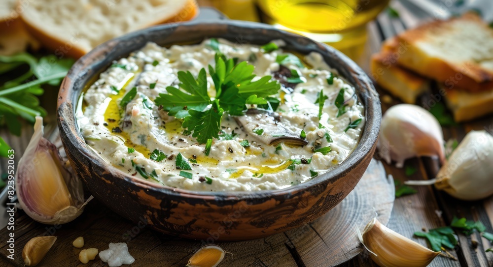 Smoky Melitzanosalata: Greek Aubergine Dip with Parsley, Olive Oil on Wooden Table Smoky Melitzanosalata: Greek Aubergine Dip with Parsley, Olive Oil on Wooden Table