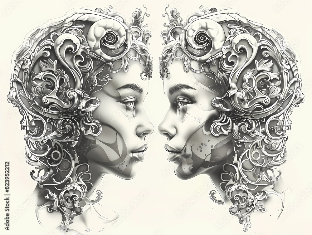 Gemini zodiac sign as an ink drawing on white paper Gemini zodiac sign as an ink drawing on white paper