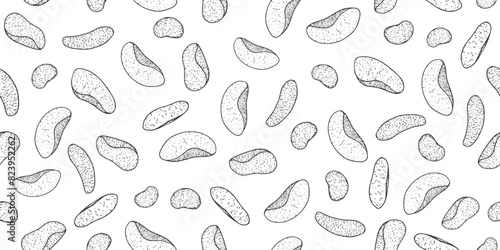 Seamless pattern with chips. Black and white background with potato chips. Sketch style illustration