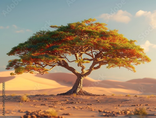 tree in a desert with sand dunes
