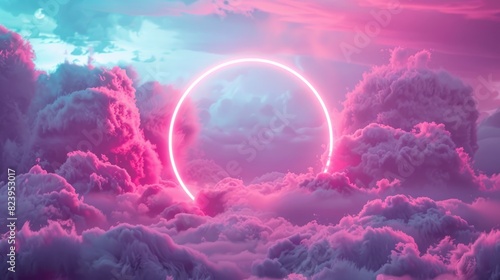 Neon Pink Circle. Blue Circle Surrounded by Clouds and Neon Lights