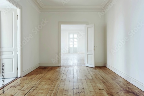 Painted Rooms. Empty Renovated Room with Laminate Flooring, White Walls, and Corridor in Refurbished Apartment