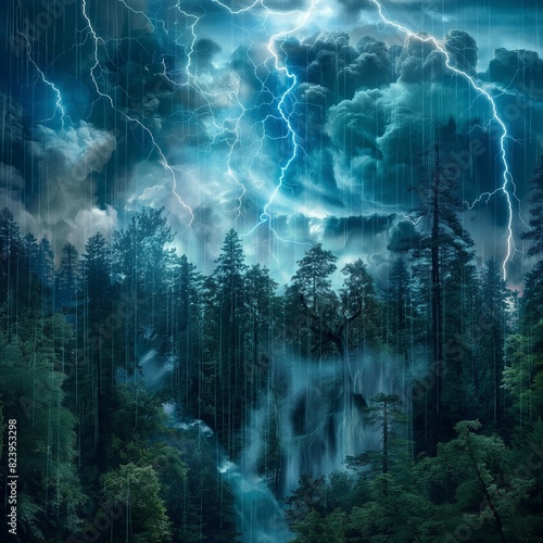 A forest in the throes of a thunderstorm, with lightning illuminating the dark, roiling clouds above and the rain-soaked trees below.