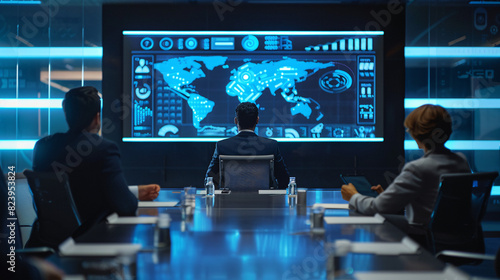 In a sleek, modern boardroom, a technology leader delivers a compelling presentation to a captivated audience. Charts and graphs projected onto a screen behind them showcase data-driven insights,