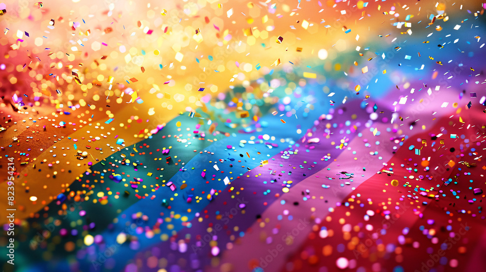 A festive banner background adorned with glittering confetti and streamers in the vibrant colors of the pride flag. This lively illustration captures the spirit of LGBTQ+ pride parades and A festive banner background adorned with glittering confetti and streamers in the vibrant colors of the pride flag. This lively illustration captures the spirit of LGBTQ+ pride parades and