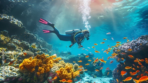 Fototapeta Naklejka Na Ścianę i Meble -  divers swim under clear blue tropical sea water, coral reefs and exotic fish