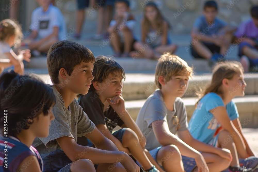 Group of children sitting on the steps in the park and looking at the camera Group of children sitting on the steps in the park and looking at the camera