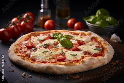 Mini pizza with tomatoes, basil, mozzarella on light background on the wood