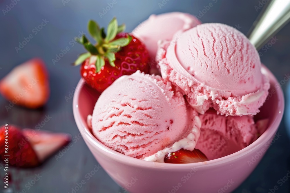 Ice Cream Dessert. Delicious Strawberry Flavored Ice Cream Served in Pink Bowl with Spoon Ice Cream Dessert. Delicious Strawberry Flavored Ice Cream Served in Pink Bowl with Spoon