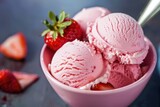 Ice Cream Dessert. Delicious Strawberry Flavored Ice Cream Served in Pink Bowl with Spoon