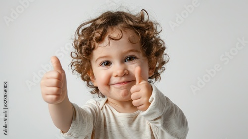 baby toddler giving a thumbs up on white background