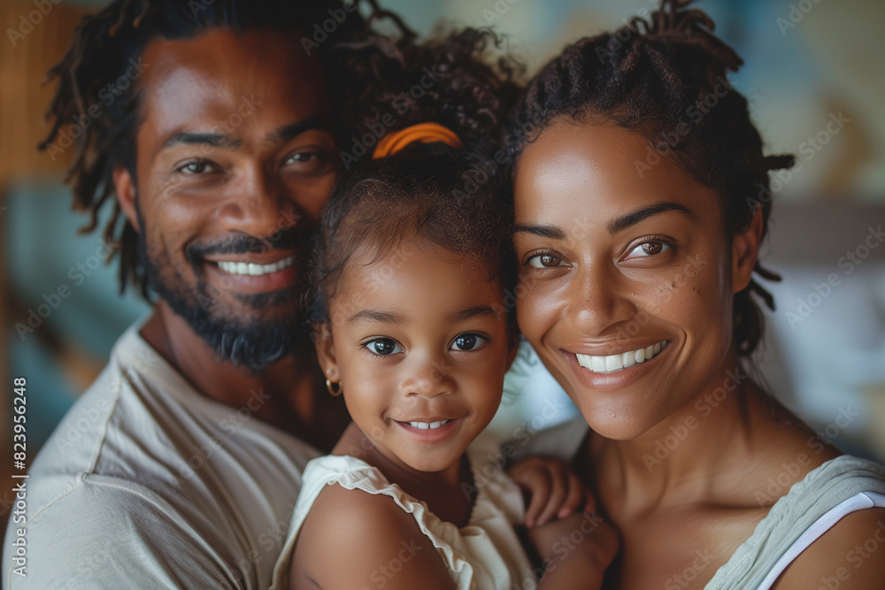 Fototapeta premium A happy family: afro-american mom and dad with their small daughter standing in the room