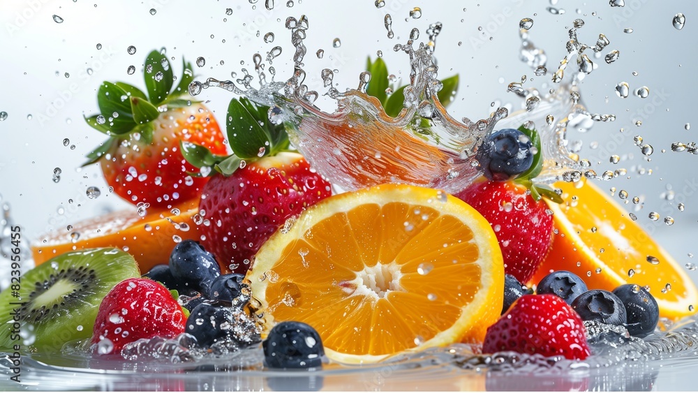 water splashing onto oranges, strawberries ,kiwi, blueburry water splashing onto oranges, strawberries ,kiwi, blueburry
