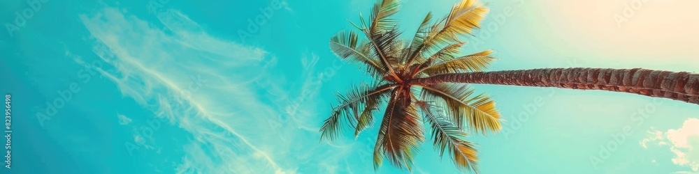 Palm Tree Blue Sky. Vintage Panoramic Background with Tropical Vibes