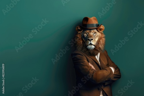 An impressive image of a lion donning a 1920s-style suit and fedora, leaning casually against a solid forest green background, embodying a blend of vintage charm and modern coolness.