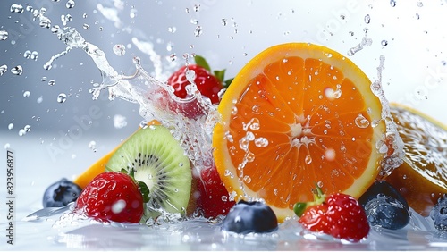 water splashing onto oranges, strawberries ,kiwi, blueburry photo