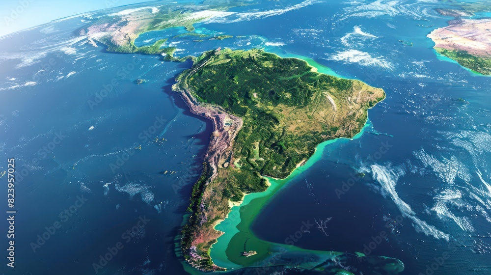 South America view from the space with mountains reliefs and blue oceans