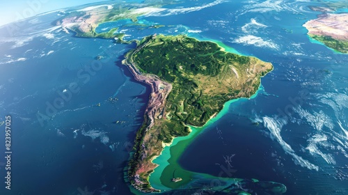South America view from the space with mountains reliefs and blue oceans