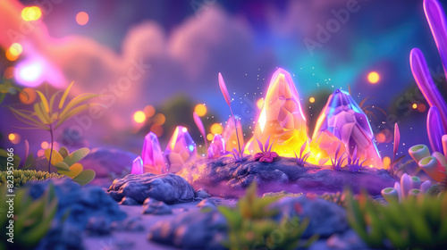 A magical, colorful fantasy landscape with glowing plants, vibrant crystals, and sparkling lights. © Александр Марченко