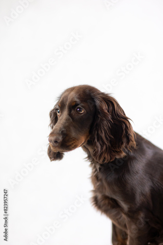 Obraz na płótnie Ciemny Cocker spaniel z brązowymi oczami na białym tle w salonie